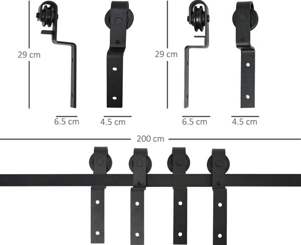HOMCOM Kit Porta Scorrevole in Acciaio con Binario, Rulli, Fermi, Guide, Bulloni e Viti, 200x0.6x4 cm, Nero