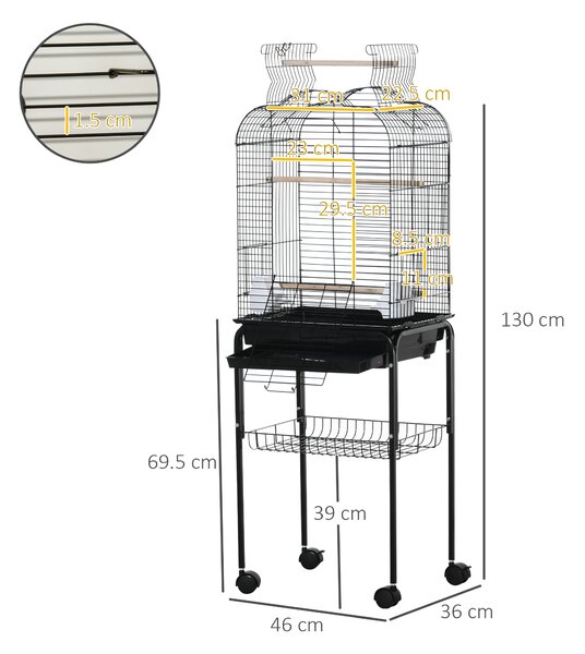 PawHut Gabbia per Uccelli con 3 Posatoi, 2 Ciotole e 2 Porte Laterali, in Acciaio, PP e Legno, 46x36x130 cm, Nera|Aosom