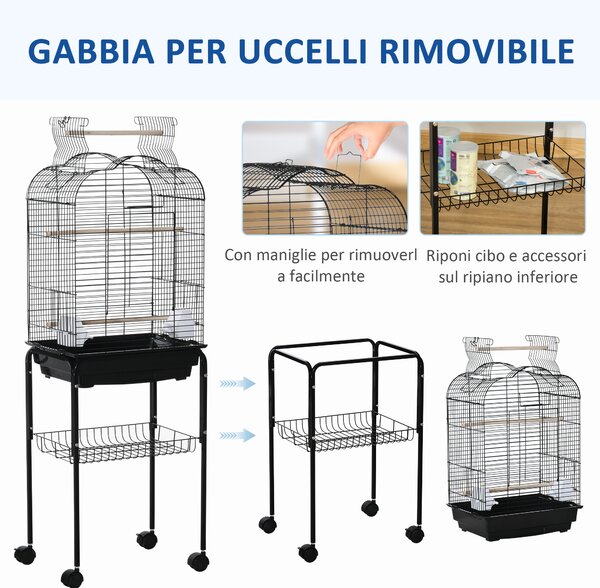 PawHut Gabbia per Uccelli con 3 Posatoi, 2 Ciotole e 2 Porte Laterali, in Acciaio, PP e Legno, 46x36x130 cm, Nera|Aosom
