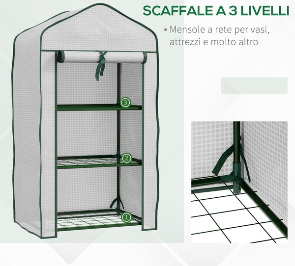 Outsunny Mini Serra da Giardino con Copertura in PE, 3 Ripiani e Porta Avvolgibile, 59x39x127cm, Bianco|Aosom