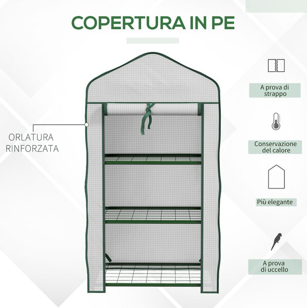 Outsunny Mini Serra da Giardino con Copertura in PE, 3 Ripiani e Porta Avvolgibile, 59x39x127cm, Bianco|Aosom