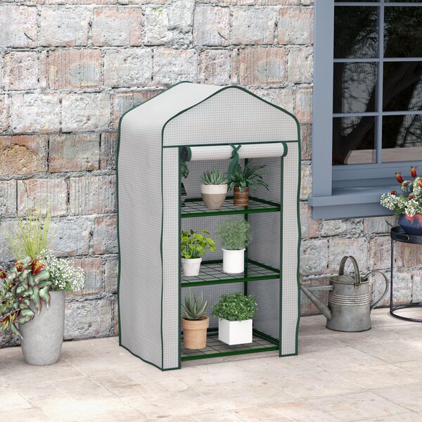 Outsunny Mini Serra da Giardino con Copertura in PE, 3 Ripiani e Porta Avvolgibile, 59x39x127cm, Bianco|Aosom