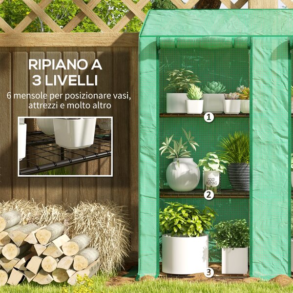 Outsunny Serra da Giardino con Copertura in PE, 6 Mensole e 2 Porte Avvolgibili, 143x46x151cm, Verde|Aosom