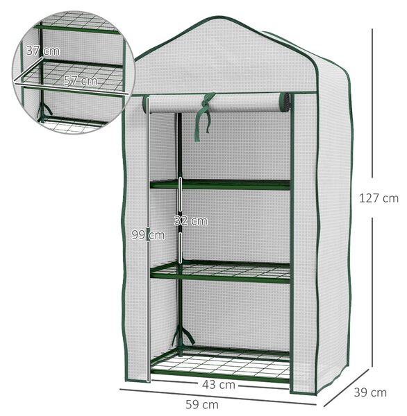 Outsunny Mini Serra da Giardino con Copertura in PE, 3 Ripiani e Porta Avvolgibile, 59x39x127cm, Bianco|Aosom