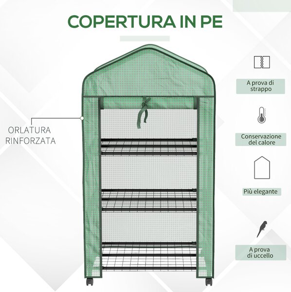 Outsunny Mini Serra da Giardino con Copertura in PE, 3 Ripiani e Ruote, 69x49x130cm, Verde|Aosom