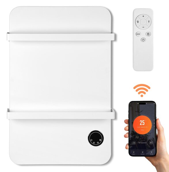 Pannello radiante a infrarossi Vigevee da 600W, con connessione Wi-Fi, 2 portasciugamani, timer, termostato e telecomando, colore bianco