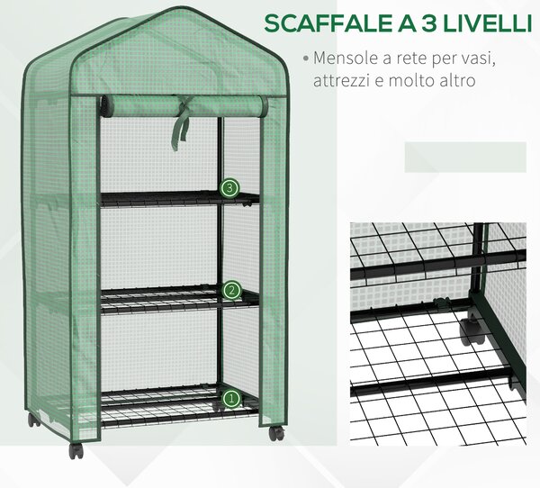 Outsunny Mini Serra da Giardino con Copertura in PE, 3 Ripiani e Ruote, 69x49x130cm, Verde|Aosom