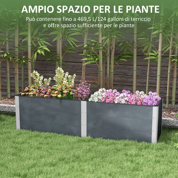 Outsunny Fioriera da Giardino con Fondo Aperto in Legno Composito e Alluminio, 200x50x56 cm, Grigio|Aosom