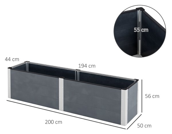 Outsunny Fioriera da Giardino con Fondo Aperto in Legno Composito e Alluminio, 200x50x56 cm, Grigio|Aosom