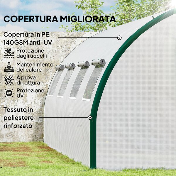 Outsunny Serra a Tunnel 6x3 m con 2 Ingressi e 8 Finestre, in PE, Poliestere e Acciaio Zincato, Bianco e Verde|Aosom