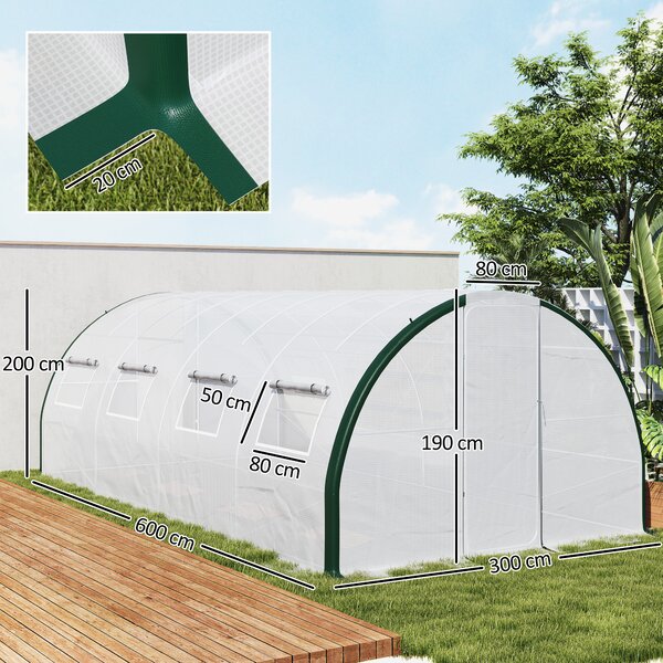 Outsunny Serra a Tunnel 6x3 m con 2 Ingressi e 8 Finestre, in PE, Poliestere e Acciaio Zincato, Bianco e Verde|Aosom