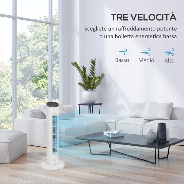 HOMCOM Ventilatore a Colonna con Telecomando e 3 Velocità, Timer 15 Ore, Oscillazione e Modalità Notte, Bianco|Aosom