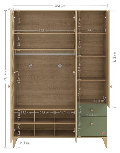 Armadio 3 Ante Verde Salvia Con Cerniere Rallentate, Sicuro e Funzionale, Dimensioni 137.5x199.5x52.5 cm