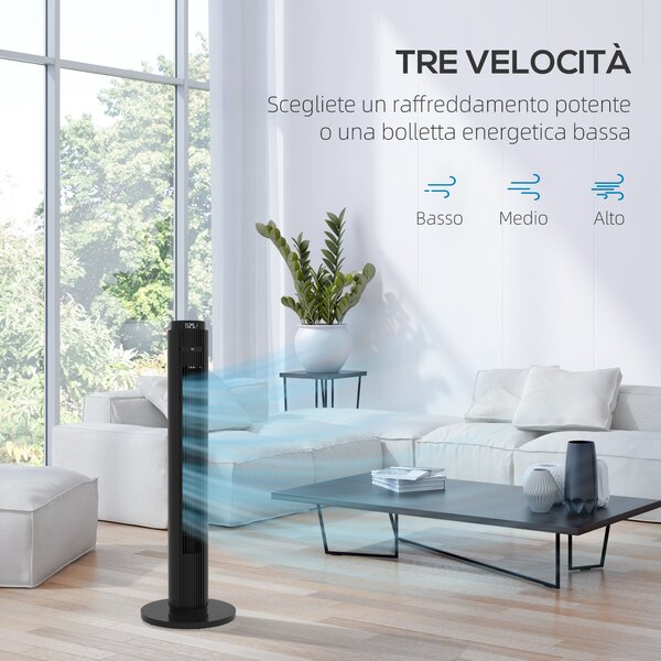 HOMCOM Ventilatore a Torre 45W a 4 Modalità e 3 Velocità con Timer da 12h, in ABS, Ø31.5x96 cm, Nero|Aosom