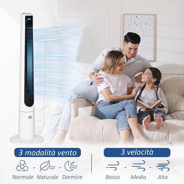 HOMCOM Ventilatore a Torre 50W a 3 Modalità e 3 Velocità con Timer da 12h, in ABS, Ø32x118.2 cm, Bianco|Aosom