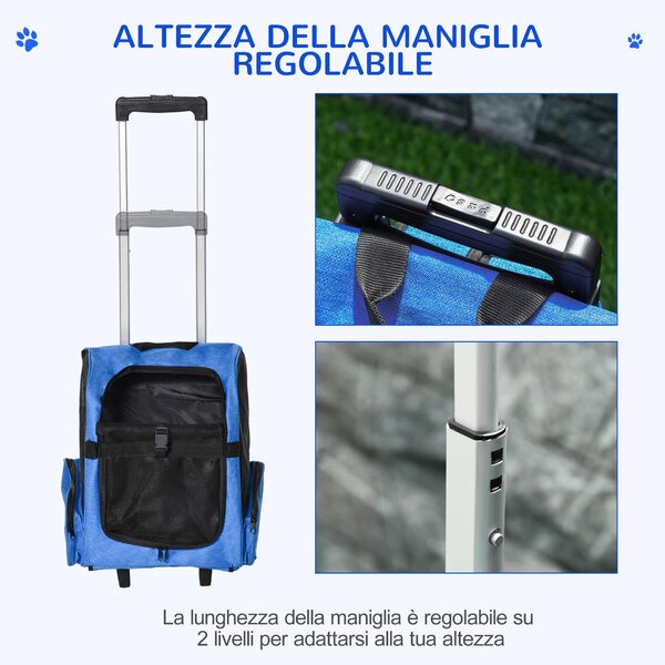 PawHut Trasportino Zaino 2 in 1 per Cani e Gatti con Tasche e Maniglia Telescopica, 42x25x55cm, Blu|Aosom