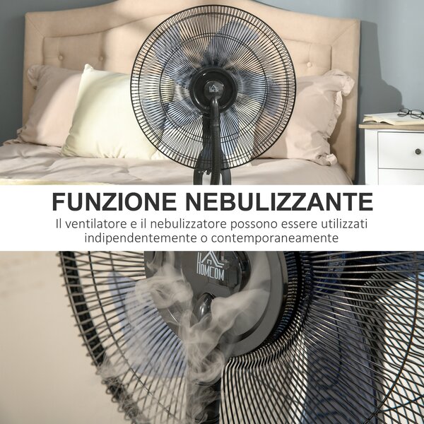 HOMCOM Ventilatore a 4 Ruote con Serbatoio 2.8L e 4 Velocità, Nebulizzatore 90W in Metallo, PE e ABS, 44.5x38.5x120 cm, Nero e Argento | Aosom Italy