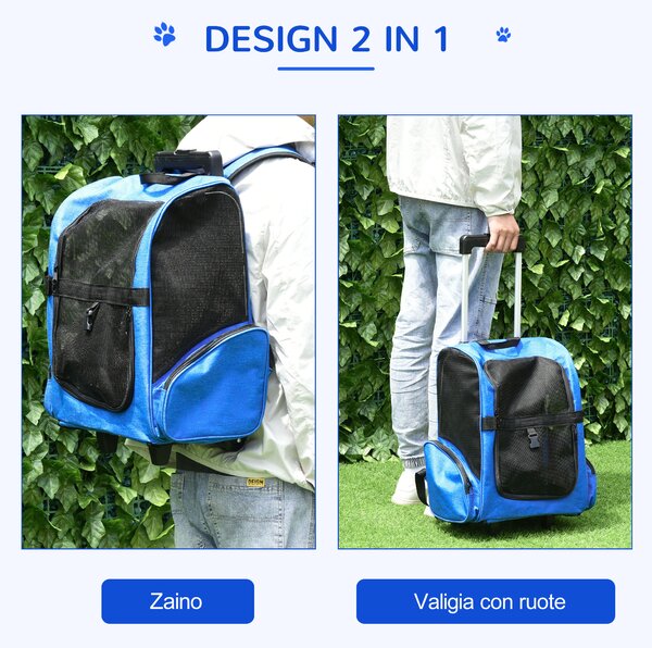 PawHut Trasportino Zaino 2 in 1 per Cani e Gatti con Tasche e Maniglia Telescopica, 42x25x55cm, Blu|Aosom