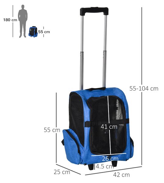 PawHut Trasportino Zaino 2 in 1 per Cani e Gatti con Tasche e Maniglia Telescopica, 42x25x55cm, Blu|Aosom
