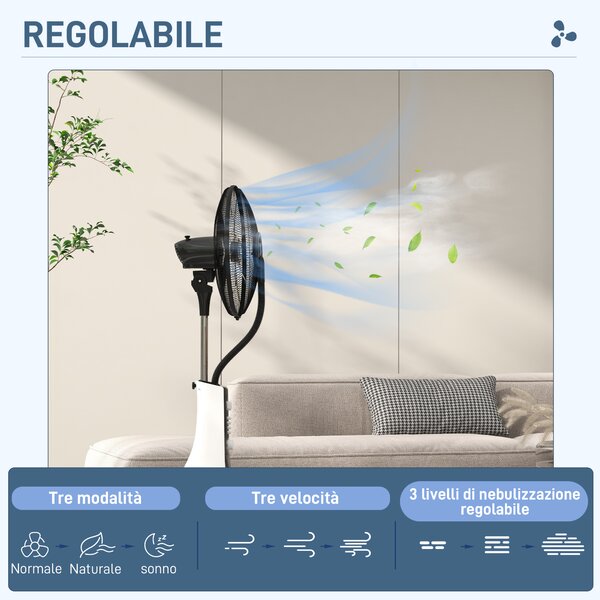 HOMCOM Ventilatore Nebulizzatore con Serbatoio 3L, 3 Modalità e 3 Velocità, 44.5x38.5x120 cm, Bianco e Nero|Aosom