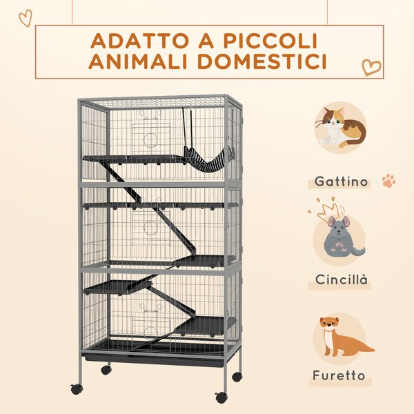 PawHut Gabbia per Conigli con 4 Ingressi a Livelli Multipli con Amaca, in Acciaio e PP, 80x52x159 cm|Aosom
