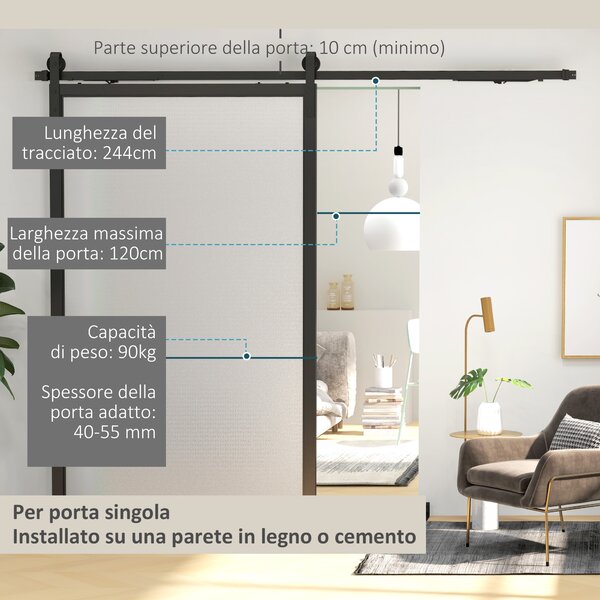 HOMCOM Kit Porta Scorrevole 90kg max Salvaspazio in Acciaio al Carbonio con Accessori 244x0.5x4 cm, Nero|Aosom