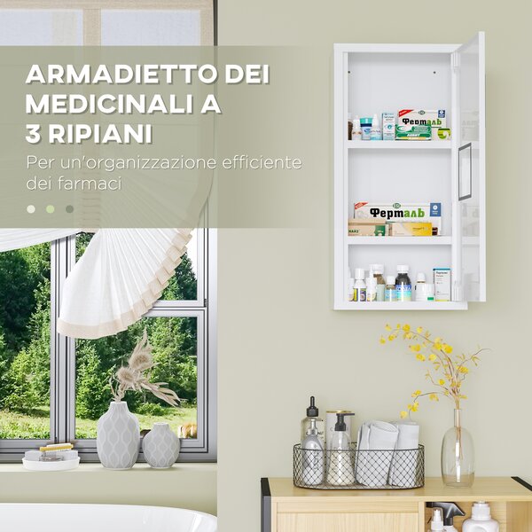 Kleankin Armadietto Medicinali a 3 Ripiani con Porta Magnetica, in Acciaio, 30x12x60 cm, Bianco|Aosom