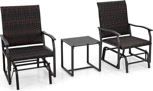 Set da 3 sedie a dondolo da giardino, sedie a dondolo in vimini e rattan con base in vetro temperato, seduta imbottita in schiuma, set di sedie a dondolo con struttura in metallo