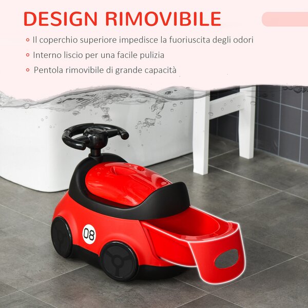 HOMCOM Vasino per Bambini da 6 Mesi a 3 Anni a Forma di Macchina con Volante e Vaschetta Rimovibile, Rosso