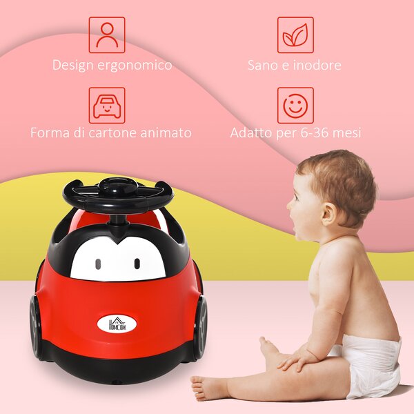 HOMCOM Vasino per Bambini da 6 Mesi a 3 Anni a Forma di Macchina con Volante e Vaschetta Rimovibile, Rosso