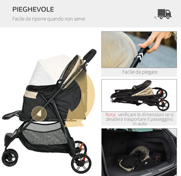 PawHut Passeggino per Cani Piccoli Pieghevole a 3 Ruote con Copertura Antipioggia e Cestino, Cachi