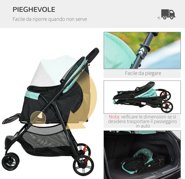 PawHut Passeggino per Cani Piccoli Pieghevole a 3 Ruote con Copertura Antipioggia e Cestino, Verde