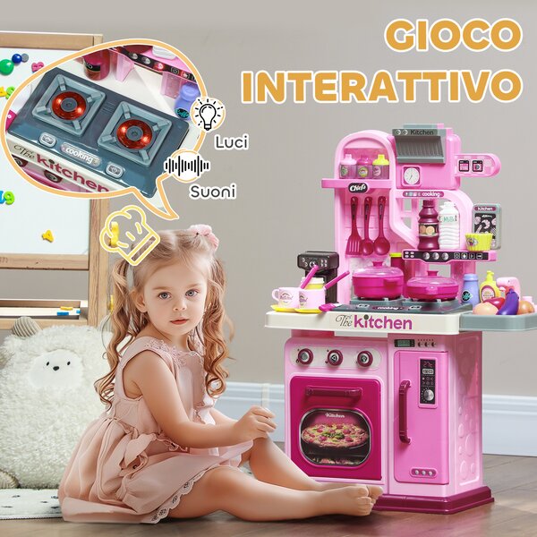 AIYAPLAY Cucina Giocattolo per Bambini da 33 Pezzi con Luci, Suoni e Rubinetto, in PP e ABS, 53x22x69 cm, Rosa