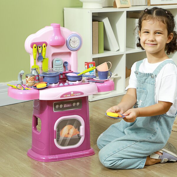 AIYAPLAY Cucina Giocattolo per Bambini 3-6 Anni con 38 Accessori e Suoni Realistici, in PP e ABS, 51x21x60 cm, Rosa