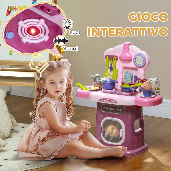 AIYAPLAY Cucina Giocattolo per Bambini 3-6 Anni con 38 Accessori e Suoni Realistici, in PP e ABS, 51x21x60 cm, Rosa