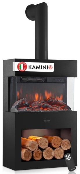 KAMINIO Camino elettrico HENRI con tubo del camino - Stufa elettrica con riscaldamento, effetto fiamma 3D, vano portalegna, telecomando - Nero