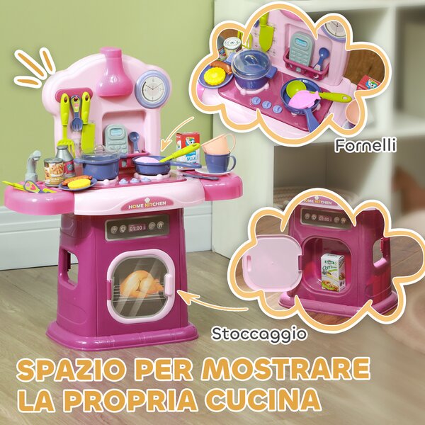 AIYAPLAY Cucina Giocattolo per Bambini 3-6 Anni con 38 Accessori e Suoni Realistici, in PP e ABS, 51x21x60 cm, Rosa