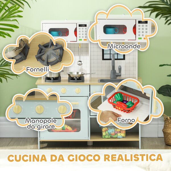 AIYAPLAY Cucina Giocattolo per Bambini con Fornelli e Armadietti, in Acciaio, Legno e PP, 72x33x85.2 cm, Blu e Bianco