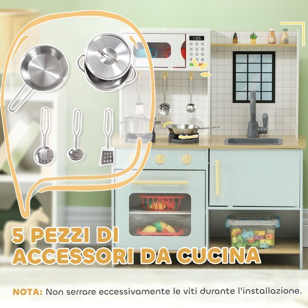 AIYAPLAY Cucina Giocattolo per Bambini con Fornelli e Armadietti, in Acciaio, Legno e PP, 72x33x85.2 cm, Blu e Bianco