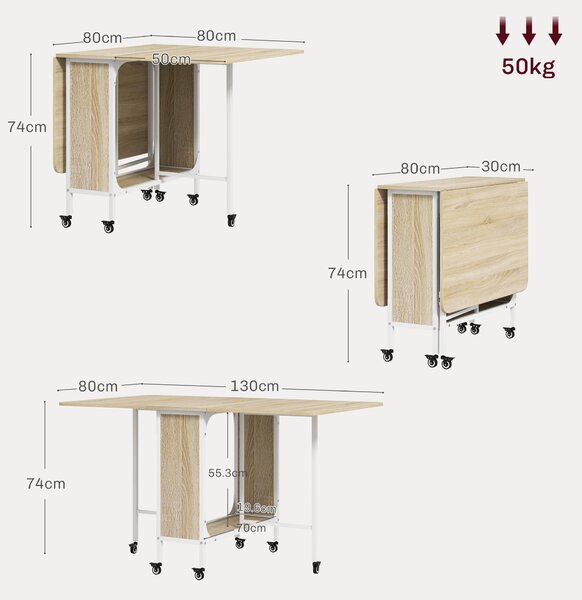 HOMCOM Tavolo da Pranzo a Ribalta per 6 Persone max con Ripiano, in Legno e Metallo, 130x80x74 cm, Bianco e color Legno| Aosom Italy