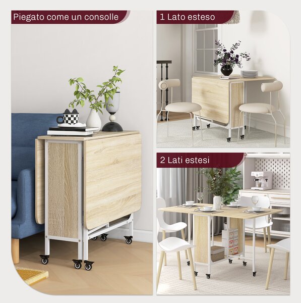 HOMCOM Tavolo da Pranzo a Ribalta per 6 Persone max con Ripiano, in Legno e Metallo, 130x80x74 cm, Bianco e color Legno| Aosom Italy