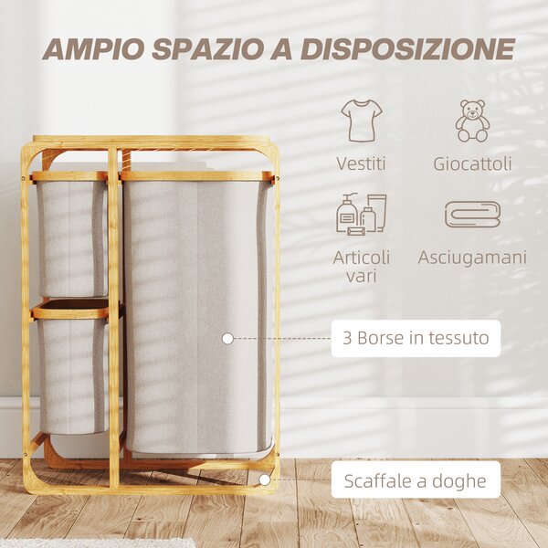 HOMCOM Cestino Portabiancheria in Bambù con 3 Sacchi e Ripiani Estraibili in Tessuto, 50x32x69.7 cm, color Bambù e Crema