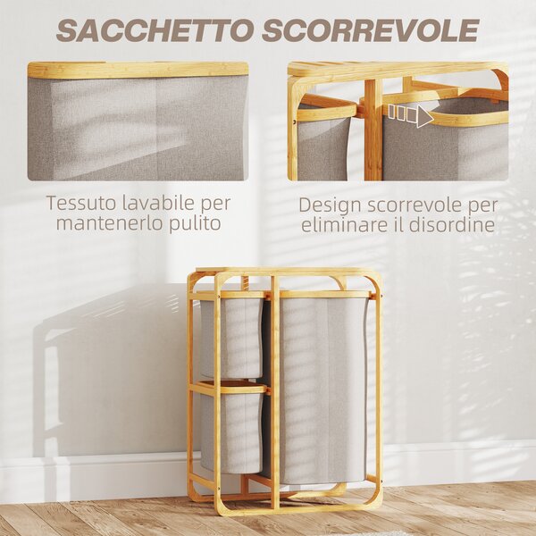HOMCOM Cestino Portabiancheria in Bambù con 3 Sacchi e Ripiani Estraibili in Tessuto, 50x32x69.7 cm, color Bambù e Crema
