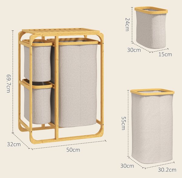 HOMCOM Cestino Portabiancheria in Bambù con 3 Sacchi e Ripiani Estraibili in Tessuto, 50x32x69.7 cm, color Bambù e Crema