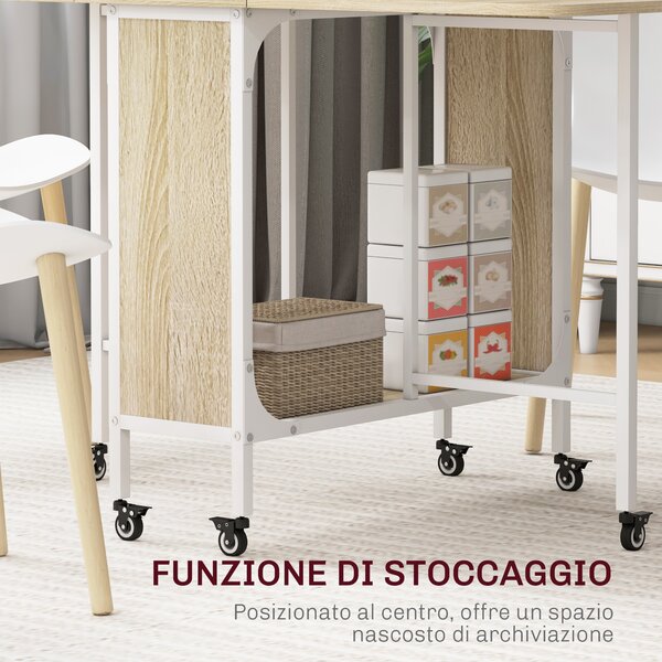 HOMCOM Tavolo da Pranzo a Ribalta per 6 Persone max con Ripiano, in Legno e Metallo, 130x80x74 cm, Bianco e color Legno| Aosom Italy