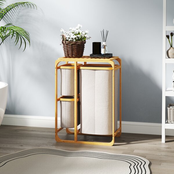 HOMCOM Cestino Portabiancheria in Bambù con 3 Sacchi e Ripiani Estraibili in Tessuto, 50x32x69.7 cm, color Bambù e Crema