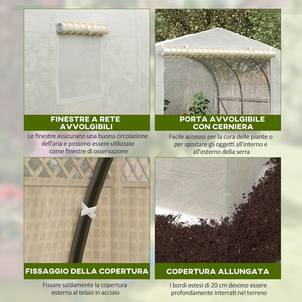 Outsunny Serra da Giardino con 6 Finestre e Porta a Rullo, in Acciaio e PE, 3.5x3x2 m, Bianco|Aosom