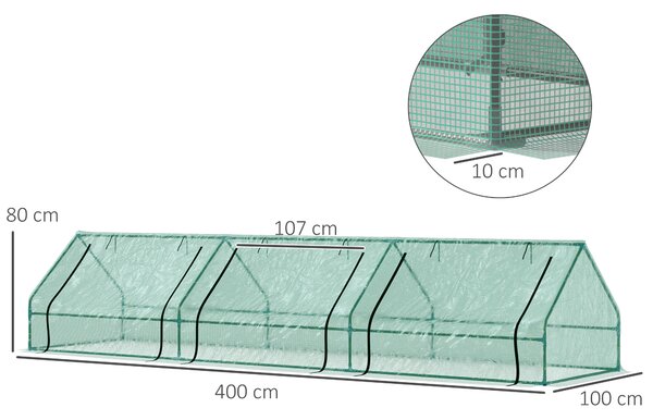 Outsunny Mini Serra per Orto da Giardino con 3 Finestre Avvolgibili in Acciaio e PE Impermeabile Anti-Raggi UV, 400x100x80cm, Verde | Aosom Italy