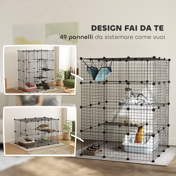 PawHut Gabbia per Gatti Modulabile a 4 Livelli con Piattaforme, Rampe e 5 Porte, in Acciaio e PP, 105x105x140 cm, Nero