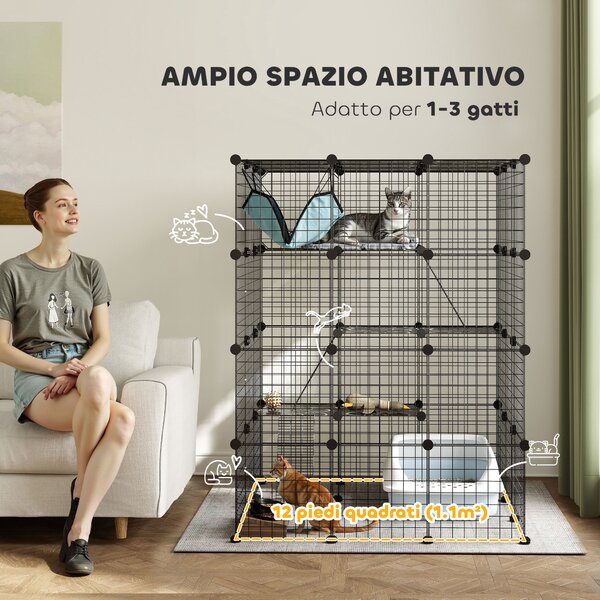 PawHut Gabbia per Gatti Modulabile a 4 Livelli con Piattaforme, Rampe e 5 Porte, in Acciaio e PP, 105x105x140 cm, Nero